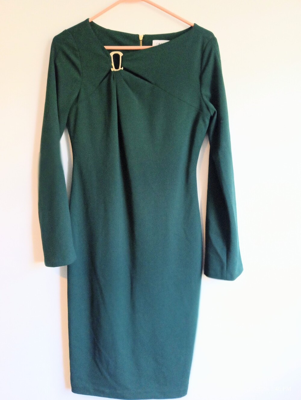 Calvin Klein Elegant Forest Green Long Sleeve Sheath Dress with Gold Accent